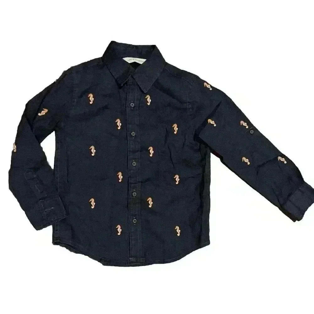 JANIE & JACK Boys 4 Yrs Linen Button Up Shirt Seahorse Roll-Cuff Long Sleeve 4T
